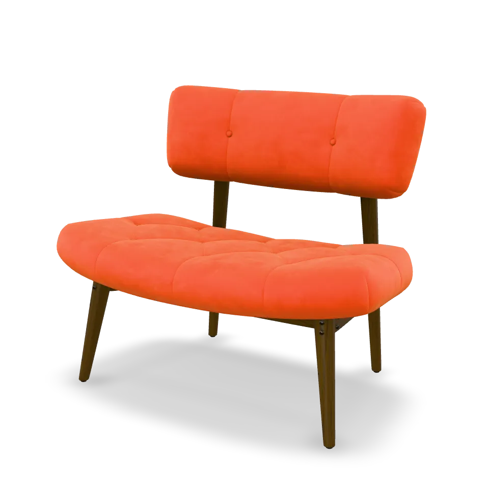 An orange velvet lounge chair on wooden legs, rendered in 3D